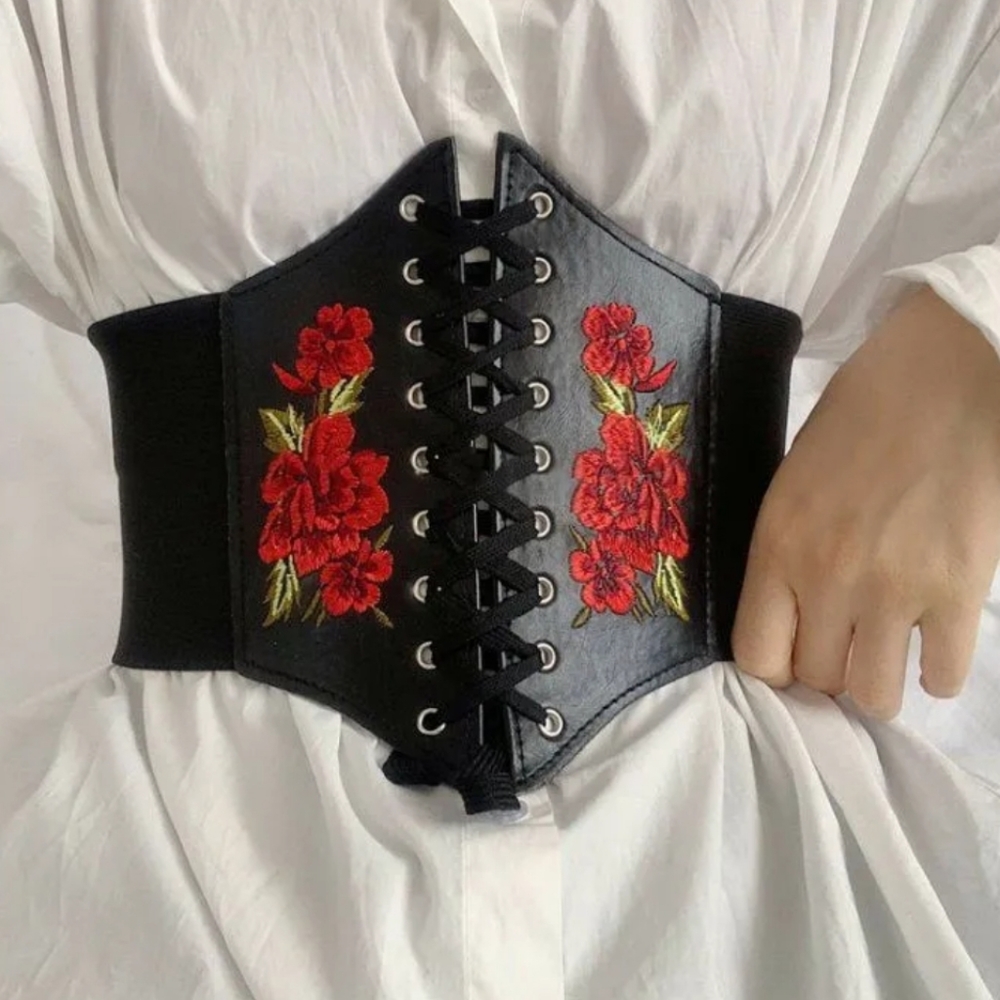 Black corset floral rose embroidered boho faux leather waist statement belt - Picture 3 of 14